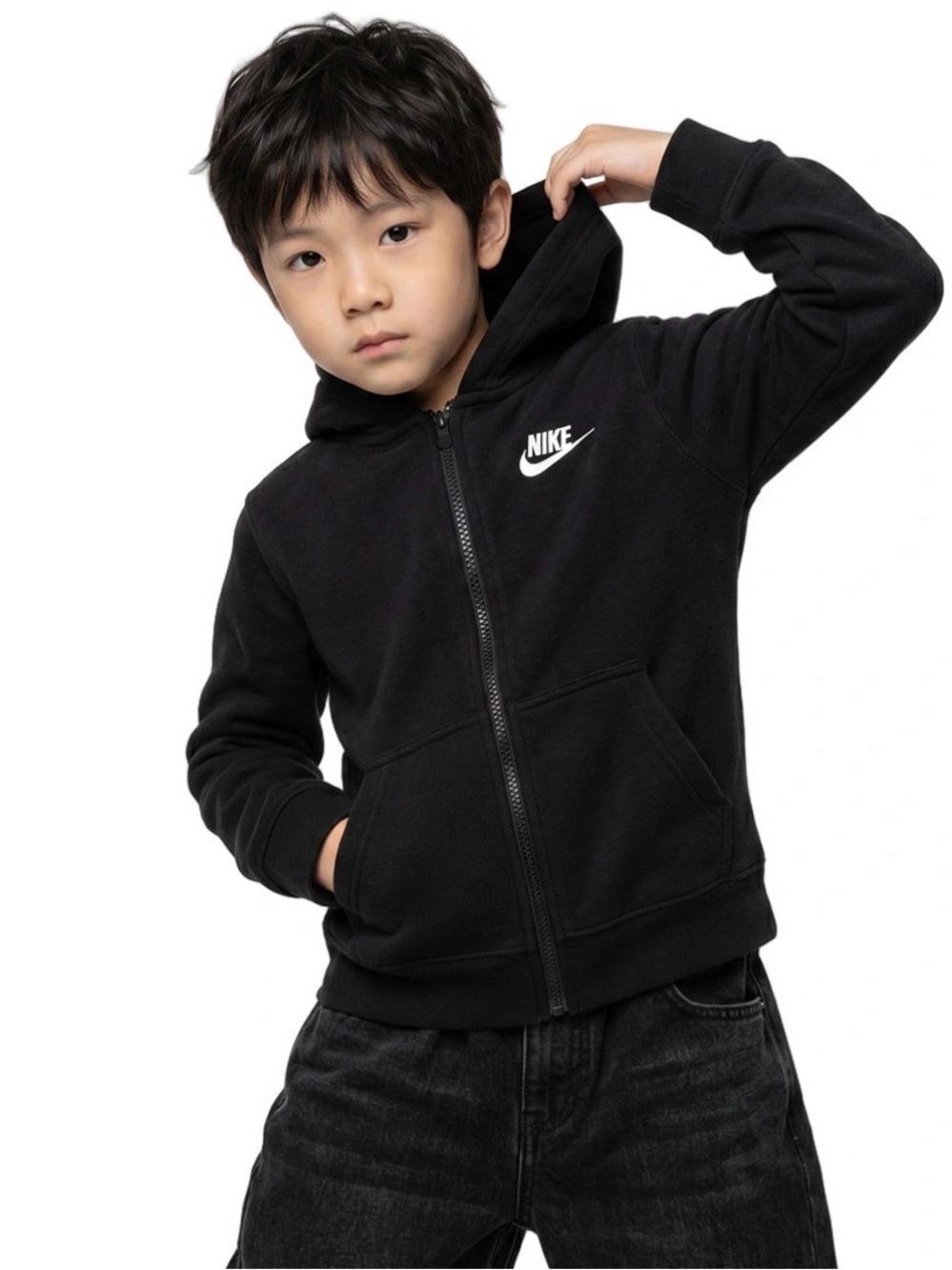 Nike Black Zip-Up Kids Hoodie with White Swoosh
